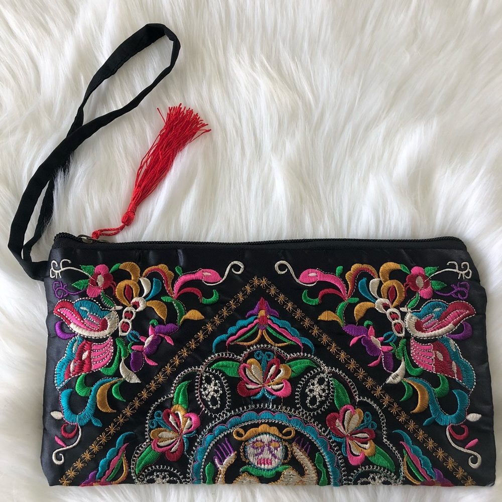 Embroidered Black Wristlet Clutch with Multicolor Floral Design